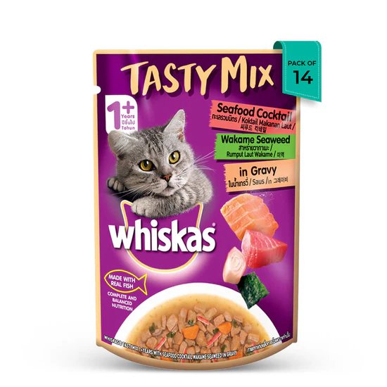 Whiskas Tasty Mix Seafood Cocktail Wakame Seaweed In Gravy Wet Cat Food - All Breed Adult (1+ year)