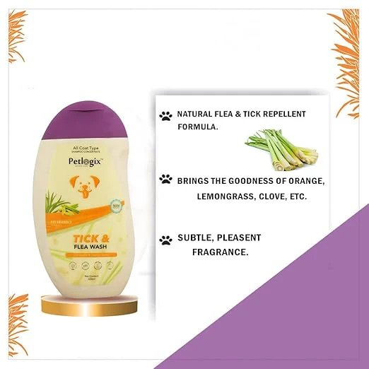 Petlogix Tick & Flea Wash Shampoo for Dog & Cat with Aloevera, Oatmeal, Apple Cider & Chamomile Natural Pet-Friendly Paraben-Free Formula (250ml)