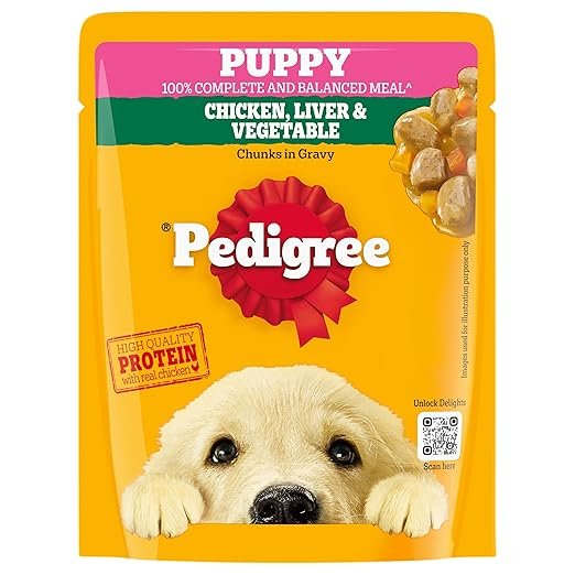 Pedigree Puppy Wet Dog Food, Chicken and Liver Chunks Flavour in Gravy with Vegetables, 70 g, Complete & Balanced Nutrition for Puppies Brand: Pedigree